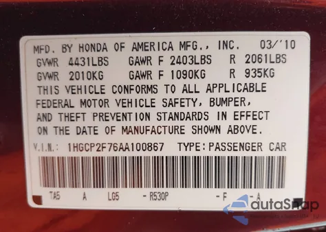 2010 Honda Accord 2.4 Ex z USA, uszkodzony, nr VIN 1HGCP2F76AA100867